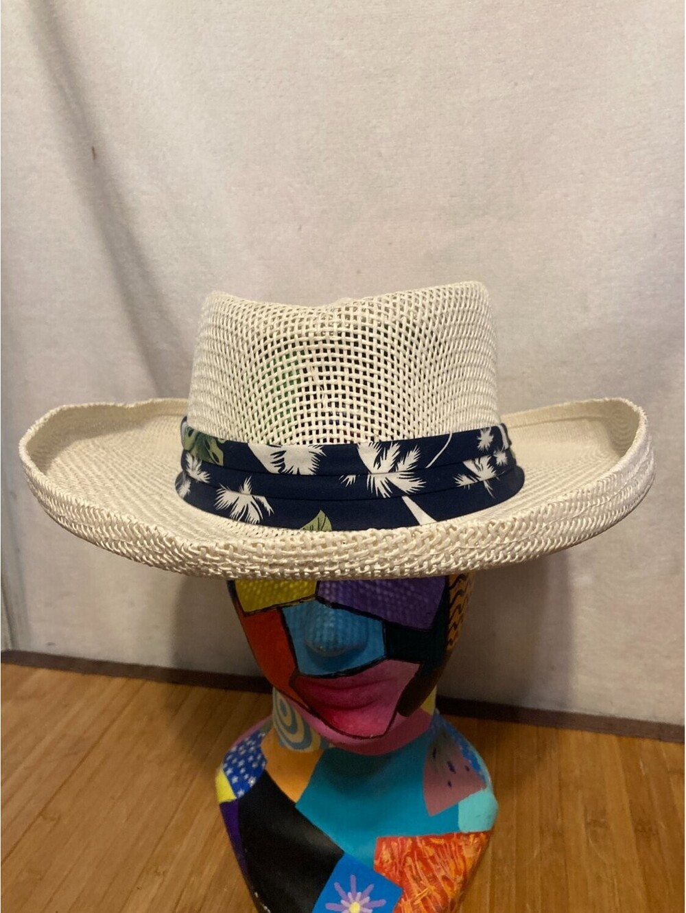 Hby Woven Fedora Sun Hat Mens L White Palm Leaf Band Wide Brim Beach